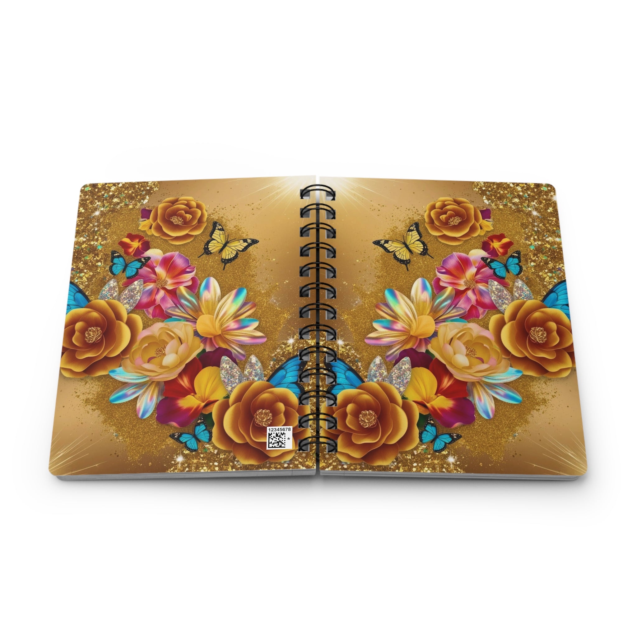 Luxe Monarch Gold Glitter Flower Notebook | Elegant Floral Butterfly Journal