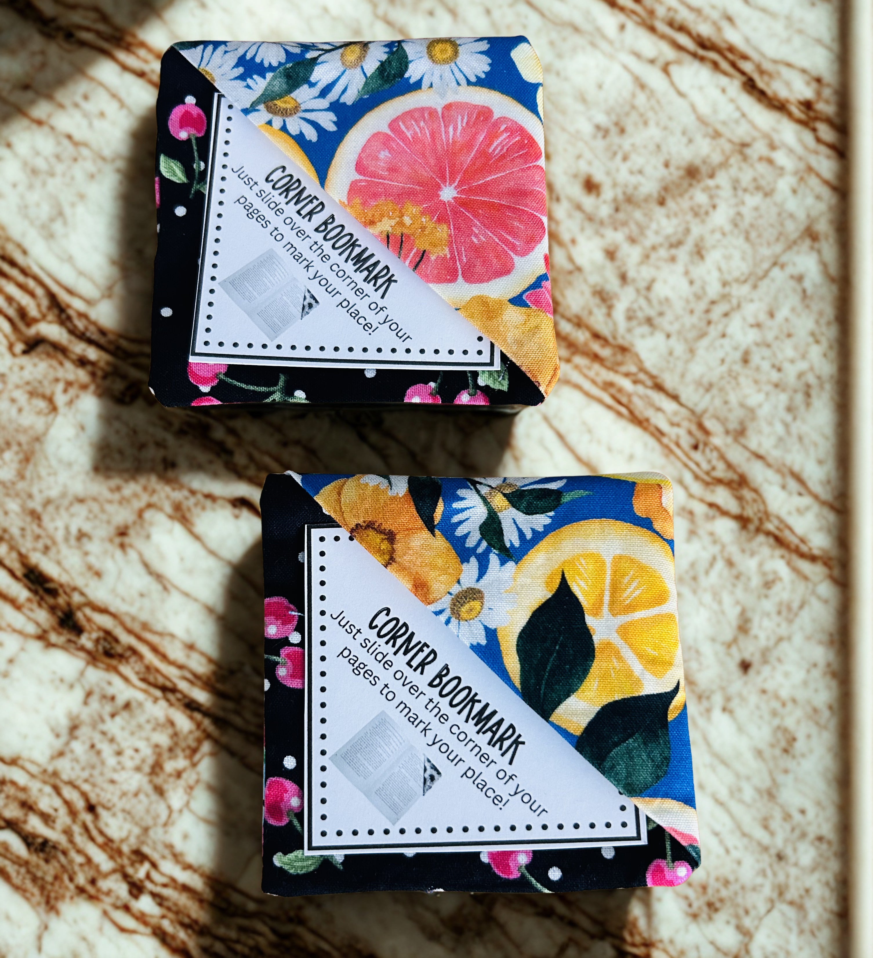 Fruit Floral Fabric Corner Bookmarks | Set of 2 — Handmade Bookish Gift