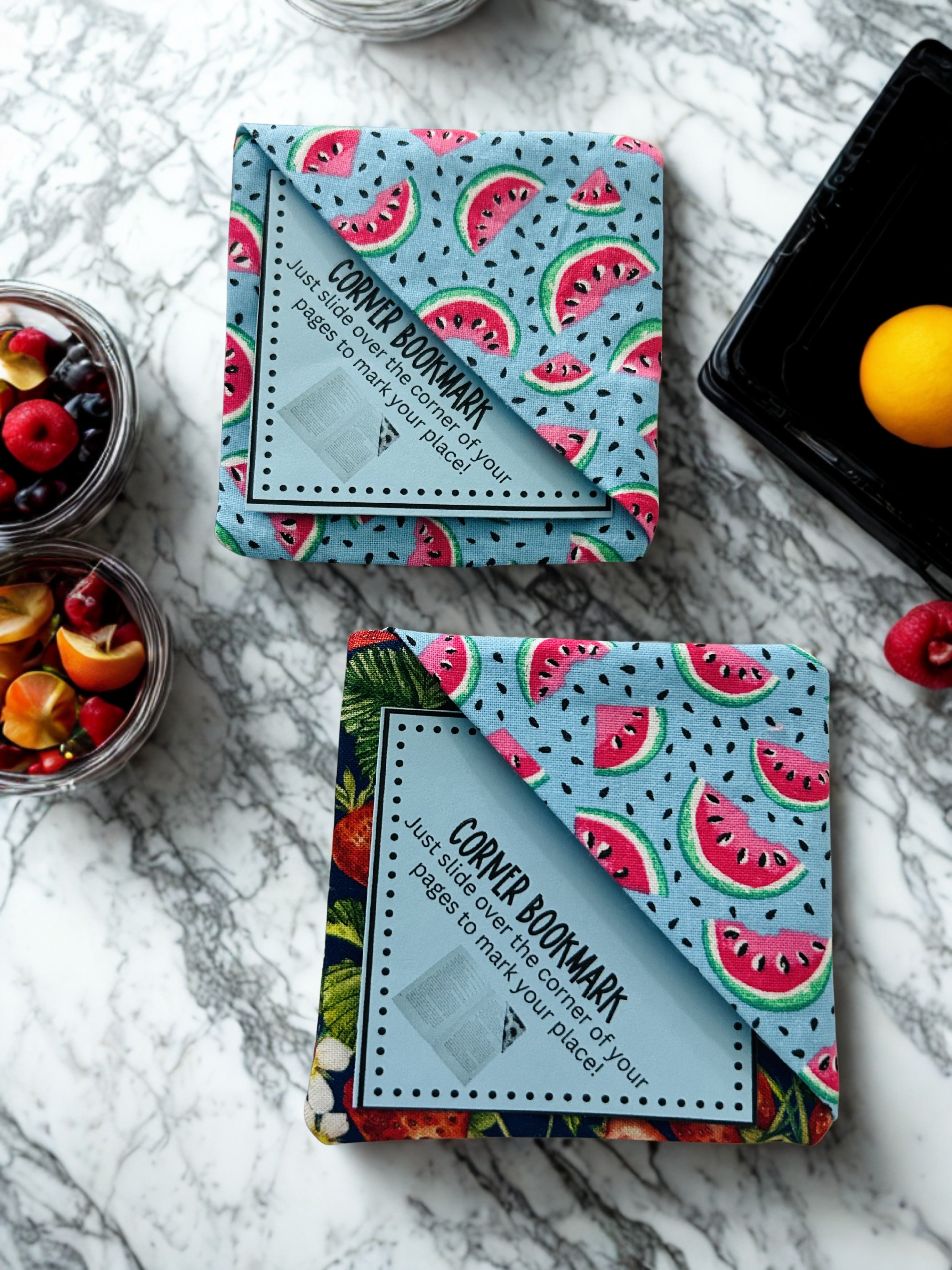 Fruit Floral Fabric Corner Bookmarks | Set of 2 — Handmade Bookish Gift