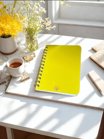 Yellow spiral bound journal on a sunlit desk