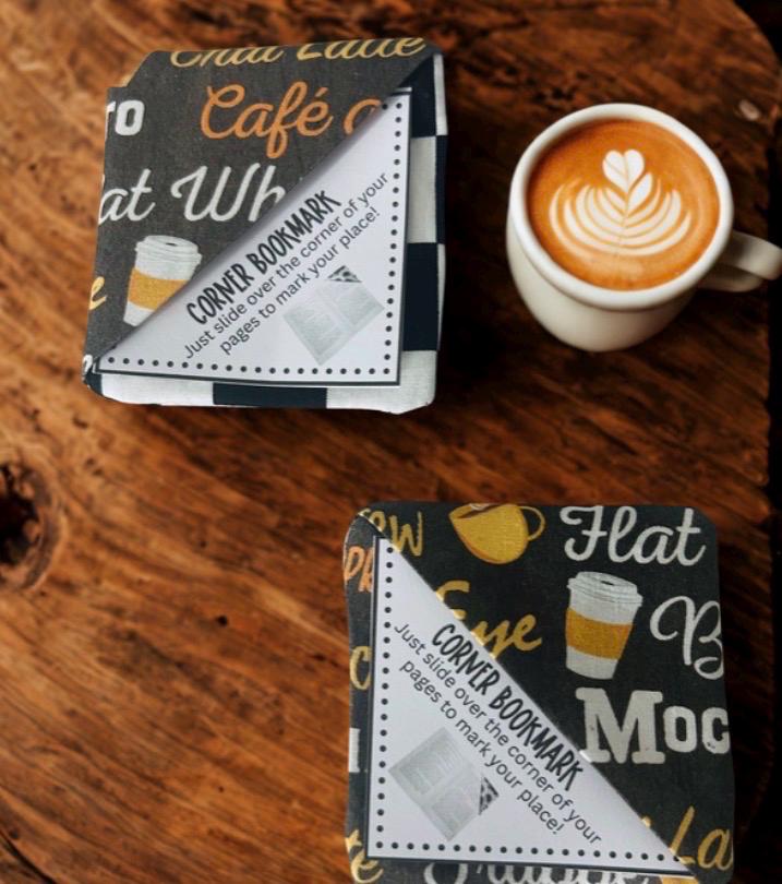 Handmade (Set of 2) Page Holders, Abstract Food Coffee Fabric Corner Bookmarks